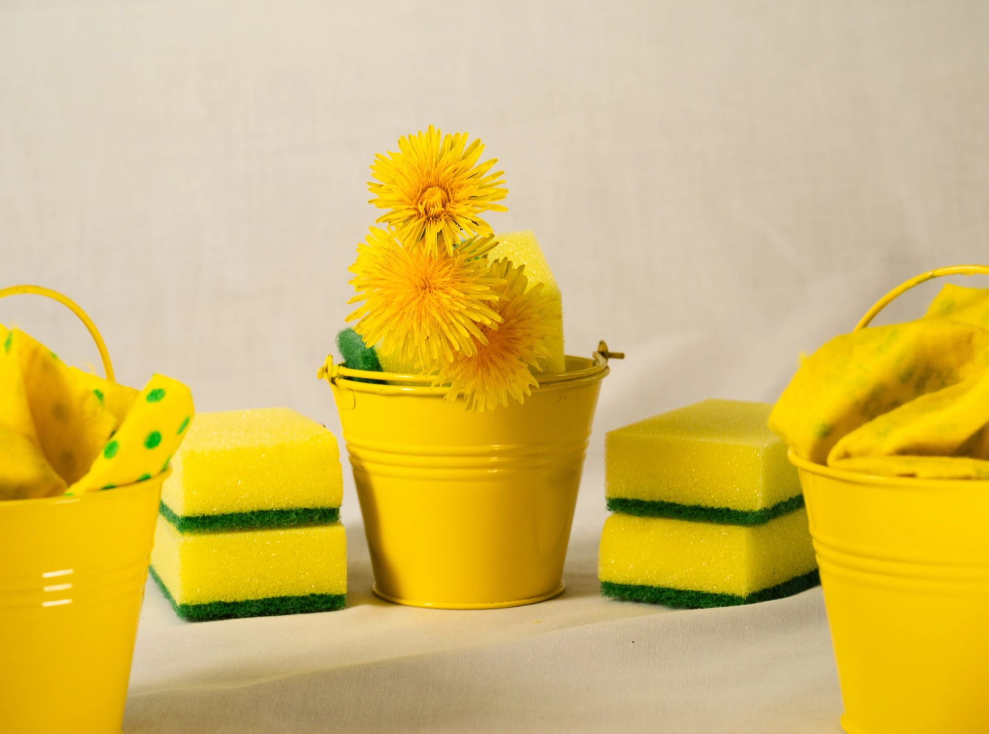 Spring cleaning buckets, sponges and cloths